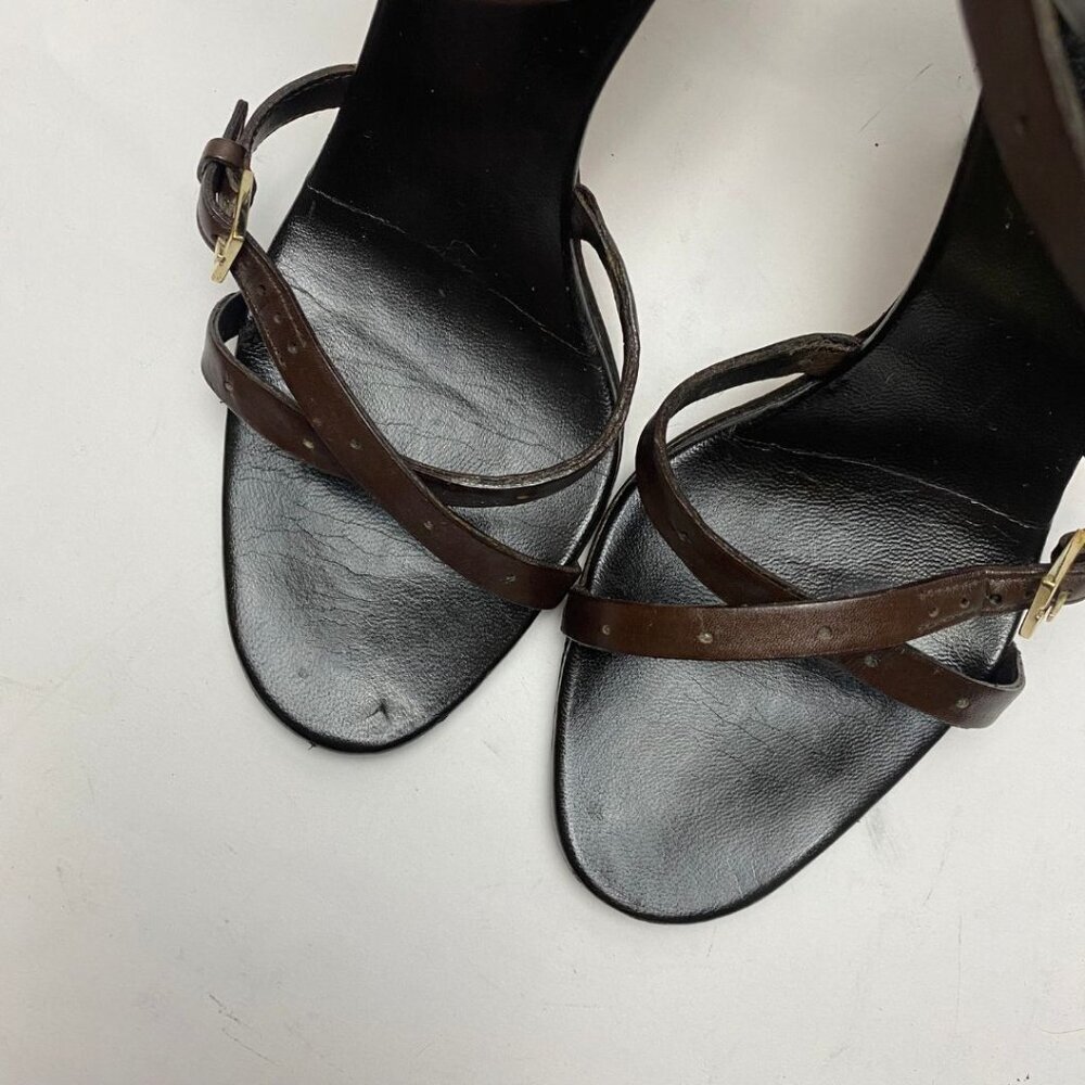 GUCCI Logo Horsebit Equestrian Chocolate Leather /Suede Strappy Heels Size 38 - Picture 3 of 10